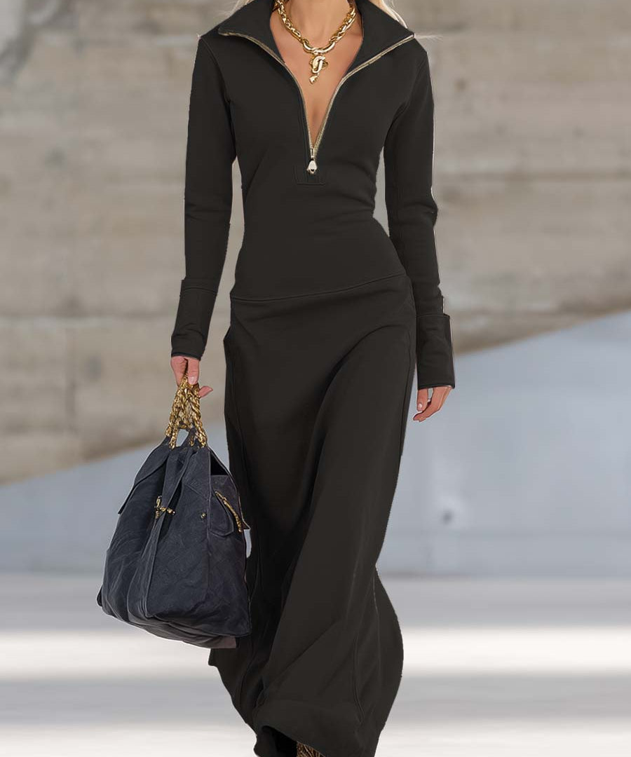 Valeria – Rochie maxi sport retro elegantă cu decolteu în V și fermoar