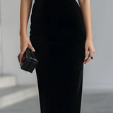 Cătălina | Rochie Midi din Catifea Neagră Dramatică cu Fundă