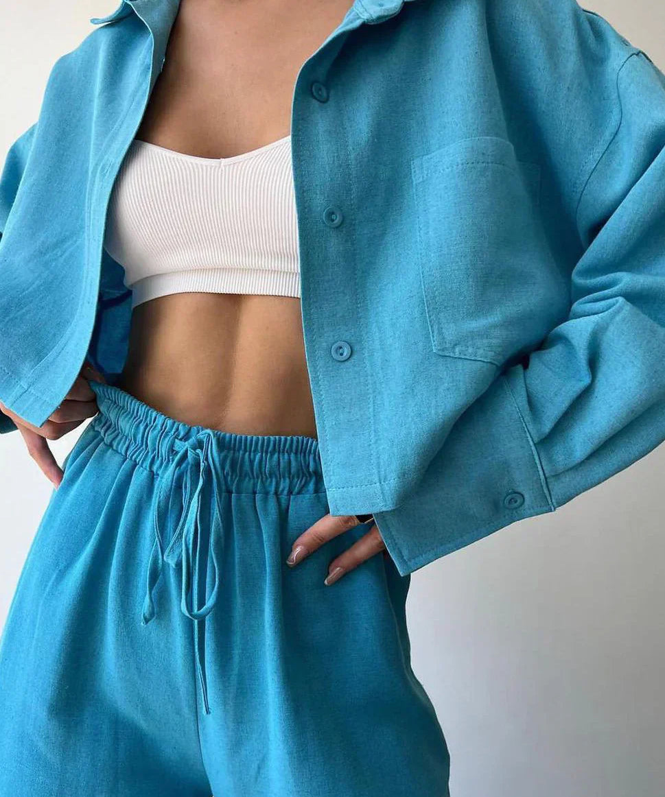 Set de pantaloni din două piese cu guler și șnur, casual