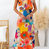 Katarzyna | Rochie maxi florală fără mâneci, cu legătură la gât și în talie