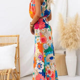 Katarzyna | Rochie maxi florală fără mâneci, cu legătură la gât și în talie