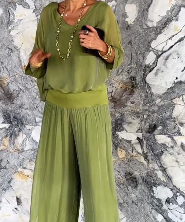 ESMERALDA – SET DIN DOUĂ PIESE CU PANTALONI LARGI DIN CHIFFON ELEGANT
