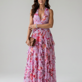 Nori | Rochie Maxi Halter cu Corset Încrețit și Imprimeu Floral