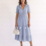 Dakota | Rochie Midi cu Dungi, Mânecă Scurtă și Volane