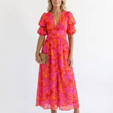 Willow | Rochie Midi Florală cu Decolteu în V și Mânecă Bufantă