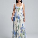 Ophelia | Rochie Midi fără Mâneci cu Decolteu Pătrat și Imprimeu Floral