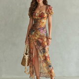 Ciel | Rochie Midi cu Mâneci Volan, Corset Încrețit și Fantă