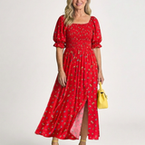 Delphine | Rochie Midi Florală cu Decolteu Pătrat și Mânecă Bufantă