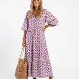 Mireya | Rochie Midi cu Imprimeu Geometric, Mânecă Lungă și Volane