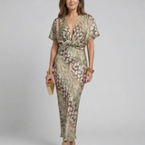 Coralie | Rochie Midi cu Imprimeu Abstract, Decolteu în V și Talie Răsucită