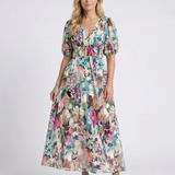Eulalie | Rochie Midi cu Decolteu în V, Mânecă Scurtă și Talie Încrețită