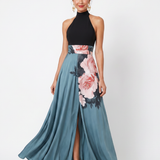 Olympas | Rochie Maxi cu Corset Halter și Fustă Florală