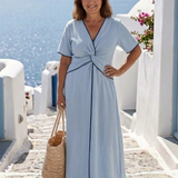 Eirene | Rochie midi cu decolteu în V, mâneci scurte și detaliu răsucit în față