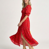 Delphine | Rochie Midi Florală cu Decolteu Pătrat și Mânecă Bufantă