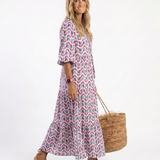 Mireya | Rochie Midi cu Imprimeu Geometric, Mânecă Lungă și Volane