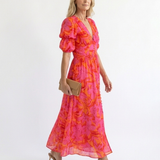 Willow | Rochie Midi Florală cu Decolteu în V și Mânecă Bufantă