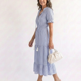 Dakota | Rochie Midi cu Dungi, Mânecă Scurtă și Volane