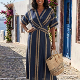 Saphira | Rochie midi cu decolteu în V, mâneci scurte și dungi