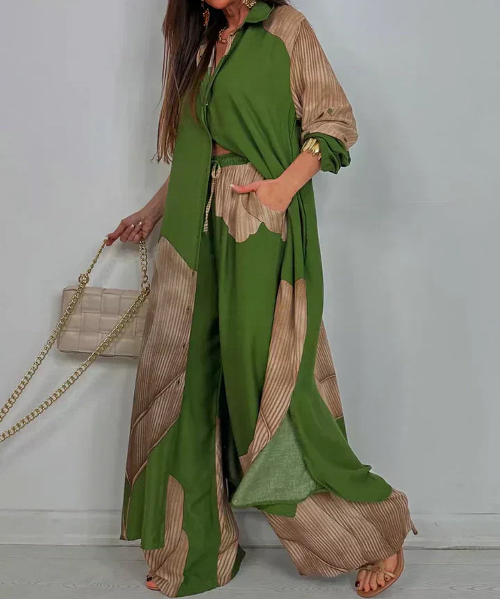 ISABEAU – SET TOP CU PRINT PATCHWORK TENDENȚĂ ȘI PANTALONI LARGI