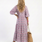 Mireya | Rochie Midi cu Imprimeu Geometric, Mânecă Lungă și Volane