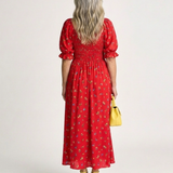 Delphine | Rochie Midi Florală cu Decolteu Pătrat și Mânecă Bufantă