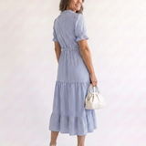 Dakota | Rochie Midi cu Dungi, Mânecă Scurtă și Volane