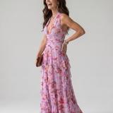 Nori | Rochie Maxi Halter cu Corset Încrețit și Imprimeu Floral