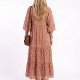 Amara | Rochie Midi cu Imprimeu Geometric, Decolteu în V și Volane