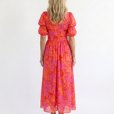 Willow | Rochie Midi Florală cu Decolteu în V și Mânecă Bufantă