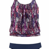 penacho | Set de tankini cu imprimeu de pene care acoperă abdomenul