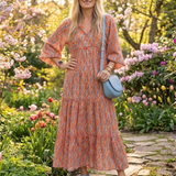 Amara | Rochie Midi cu Imprimeu Geometric, Decolteu în V și Volane