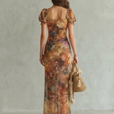 Ciel | Rochie Midi cu Mâneci Volan, Corset Încrețit și Fantă