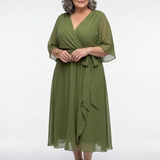 Elysia | Rochie Midi cu Decolteu în V, Drapaj și Talie cu Legătură