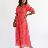 Willow | Rochie Midi Florală cu Decolteu în V și Mânecă Bufantă