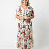 Savannah | Rochie Midi Florală Plisată cu Mânecă Scurtă
