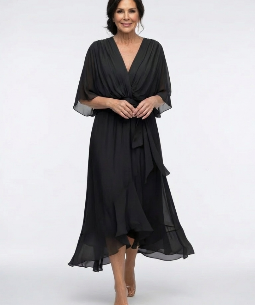 Elysia | Rochie Midi cu Decolteu în V, Drapaj și Talie cu Legătură