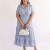 Dakota | Rochie Midi cu Dungi, Mânecă Scurtă și Volane