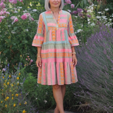 Maelle | Rochie cu Imprimeu Geometric, Decolteu în V și Volane, Lungime până la Genunchi