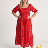 Delphine | Rochie Midi Florală cu Decolteu Pătrat și Mânecă Bufantă