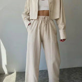 Set de pantaloni din două piese cu guler și șnur, casual