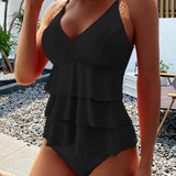 Lia – Costum de Baie Solid cu Volane Elegante