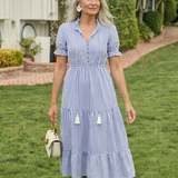 Dakota | Rochie Midi cu Dungi, Mânecă Scurtă și Volane