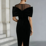 Cătălina | Rochie Midi din Catifea Neagră Dramatică cu Fundă