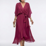 Elysia | Rochie Midi cu Decolteu în V, Drapaj și Talie cu Legătură