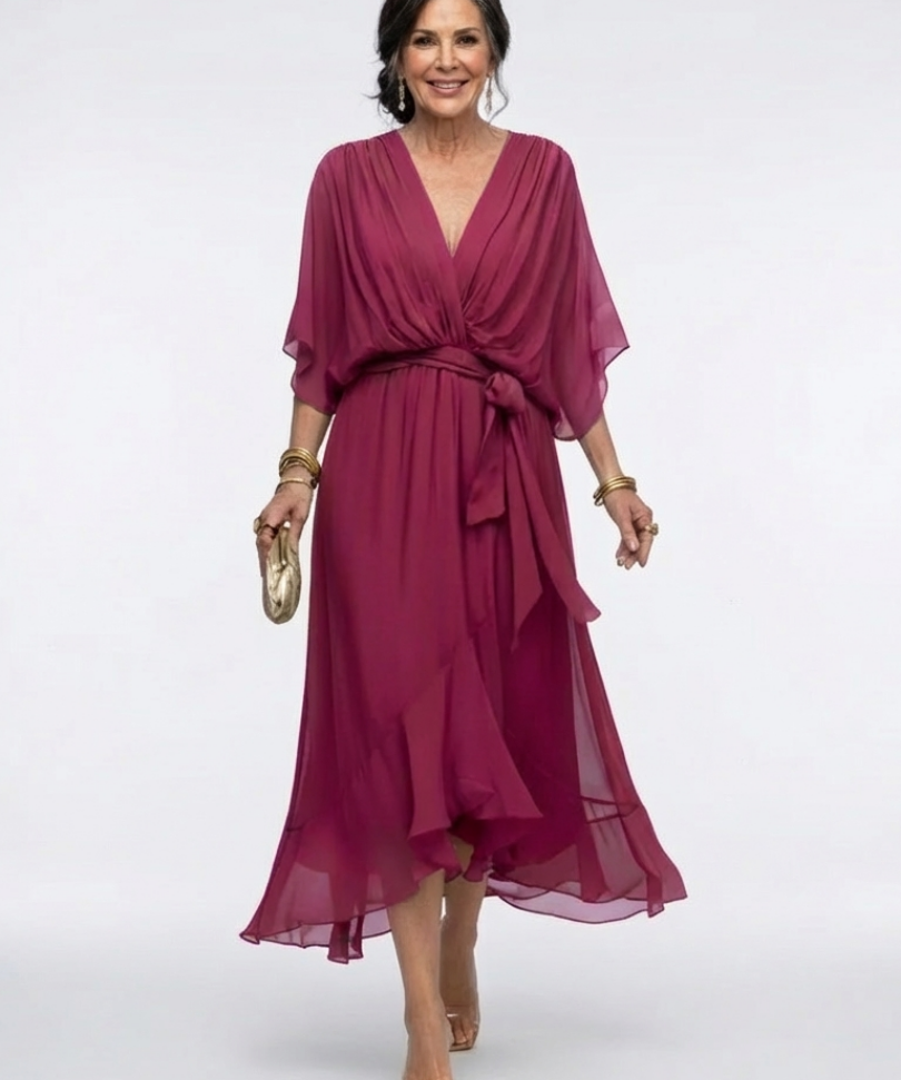 Elysia | Rochie Midi cu Decolteu în V, Drapaj și Talie cu Legătură