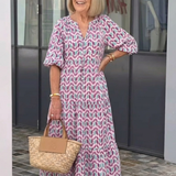 Mireya | Rochie Midi cu Imprimeu Geometric, Mânecă Lungă și Volane