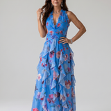 Nori | Rochie Maxi Halter cu Corset Încrețit și Imprimeu Floral