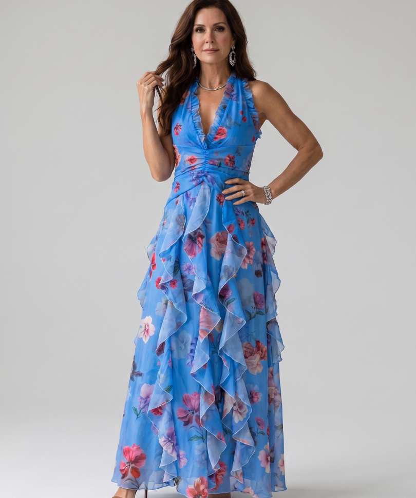 Nori | Rochie Maxi Halter cu Corset Încrețit și Imprimeu Floral
