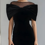 Cătălina | Rochie Midi din Catifea Neagră Dramatică cu Fundă