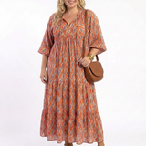 Amara | Rochie Midi cu Imprimeu Geometric, Decolteu în V și Volane